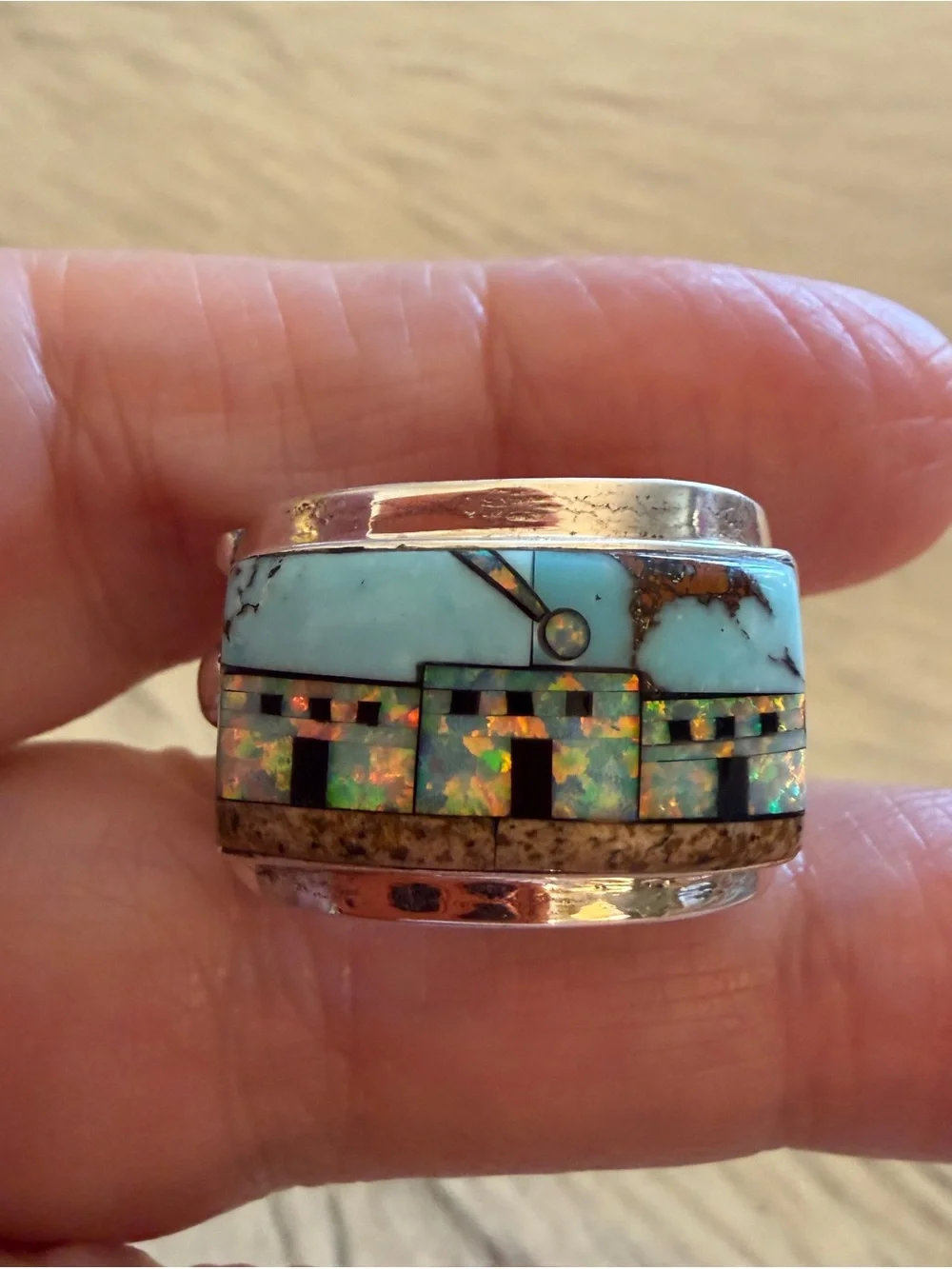 ❤️ Signed Galaxy Micro Inlaid Large Pueblo Scene Sterling Ring Sz 9 Unisex 8.7G - Picture 1 of 17